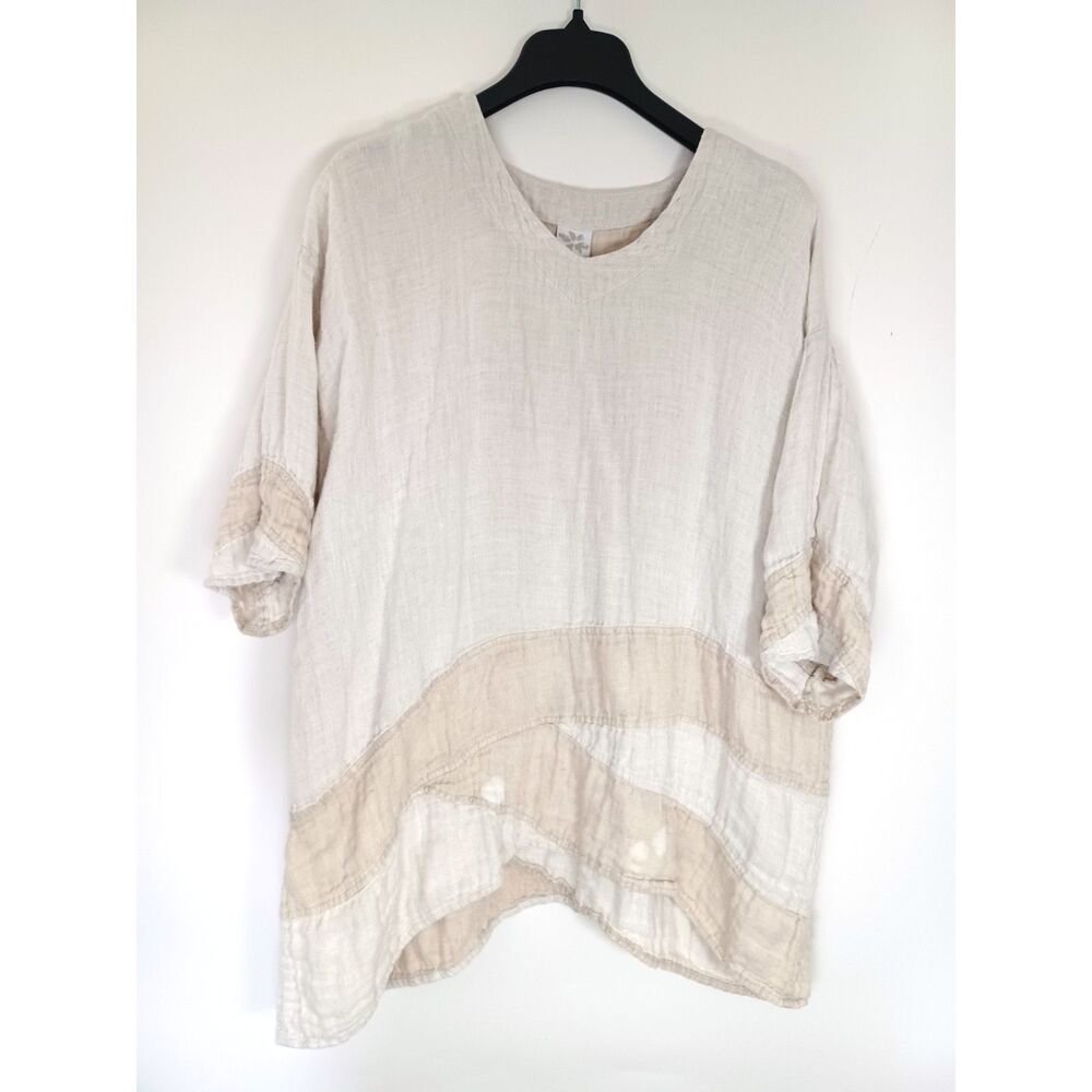 Match Point Linen Shirt Womens XL Tan Beige Patchwork Boxy USA Boho Lagenlook